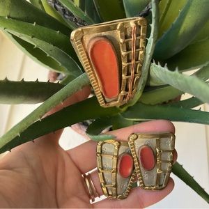 Artist Made Jewelry Set, Reddish Jasper or Agate, Brass, and Silver, Modern